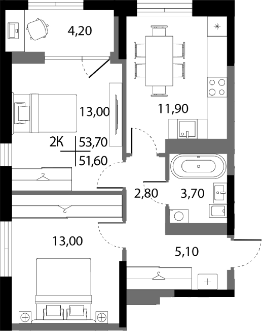 Планировка 2-к, 51,6 м² в ЖК А+