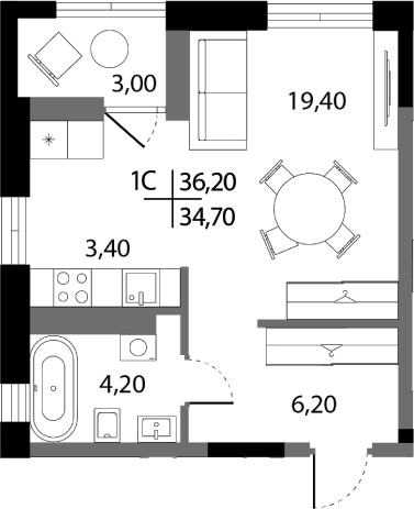 Планировка Студия, 34,7 м² в ЖК А+