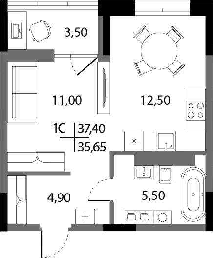 Планировка Студия, 35,65 м² в ЖК А+