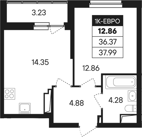 Планировка 2Е-к.кв, 37,99 м² в ЖК Абрикос