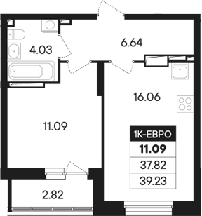 Планировка 2Е-к.кв, 39,23 м² в ЖК Абрикос