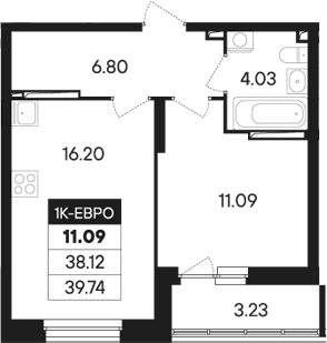 Планировка 2Е-к.кв, 39,74 м² в ЖК Абрикос