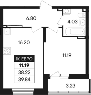 Планировка 2Е-к.кв, 39,84 м² в ЖК Абрикос