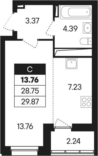 Планировка Студия, 29,87 м² в ЖК Абрикос