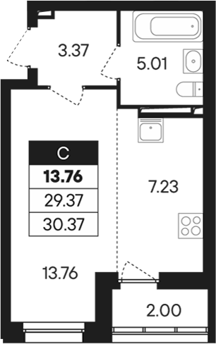 Планировка Студия, 30,37 м² в ЖК Абрикос