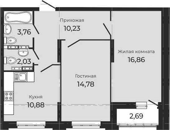 Планировка 2-к.кв, 61,23 м² в ЖК Академ-Центр