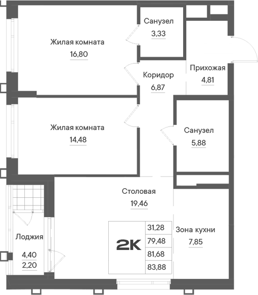 Планировка 2-к.кв, 83,88 м² в ЖК Александровский сад