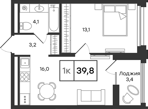 Планировка 2Е-к.кв, 39,8 м² в ЖК Александровский