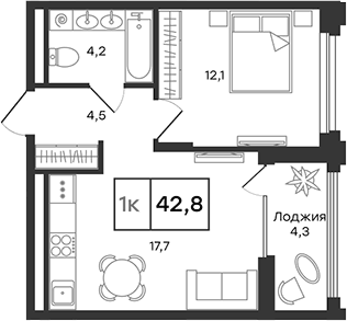 Планировка 2Е-к.кв, 42,8 м² в ЖК Александровский