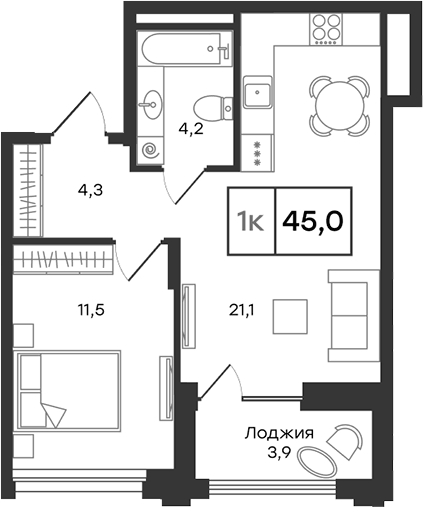 Планировка 2Е-к.кв, 45 м² в ЖК Александровский