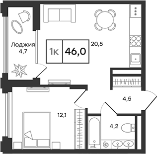 Планировка 2Е-к.кв, 46 м² в ЖК Александровский