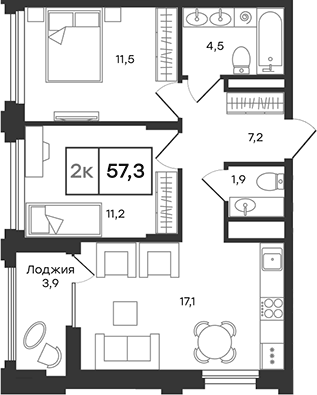 Планировка 3Е-к.кв, 57,3 м² в ЖК Александровский
