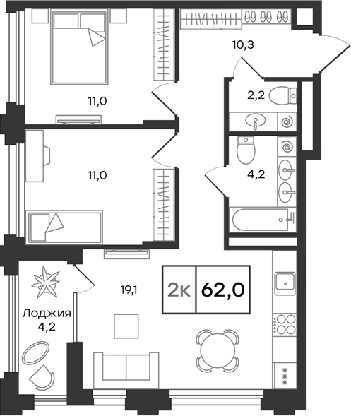 Планировка 3Е-к.кв, 62 м² в ЖК Александровский