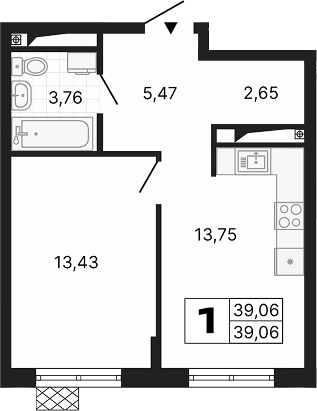 Планировка 1-к.кв, 39,06 м² в ЖК Алиса
