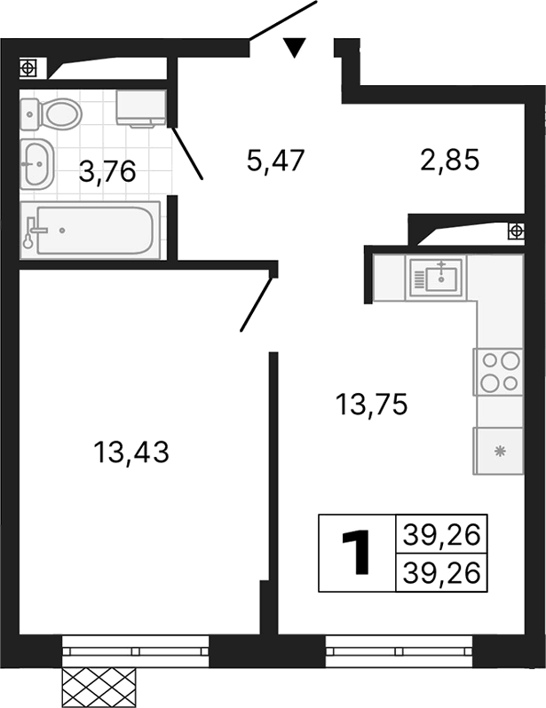 Планировка 1-к.кв, 39,26 м² в ЖК Алиса