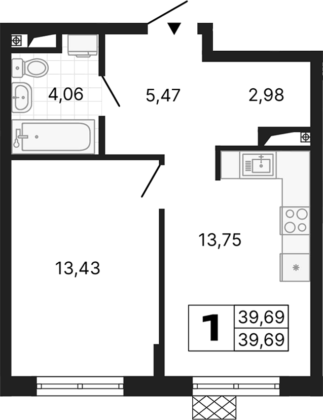Планировка 1-к.кв, 39,69 м² в ЖК Алиса