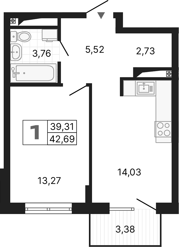 Планировка 1-к.кв, 42,69 м² в ЖК Алиса