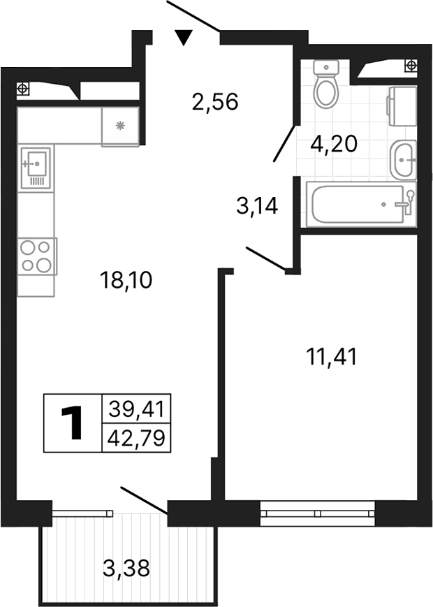 Планировка 1-к.кв, 42,79 м² в ЖК Алиса
