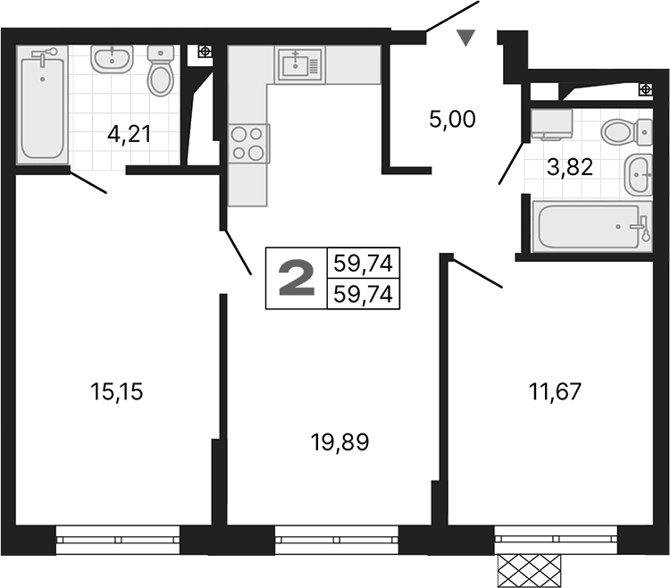 Планировка 2-к, 59,74 м² в ЖК Алиса