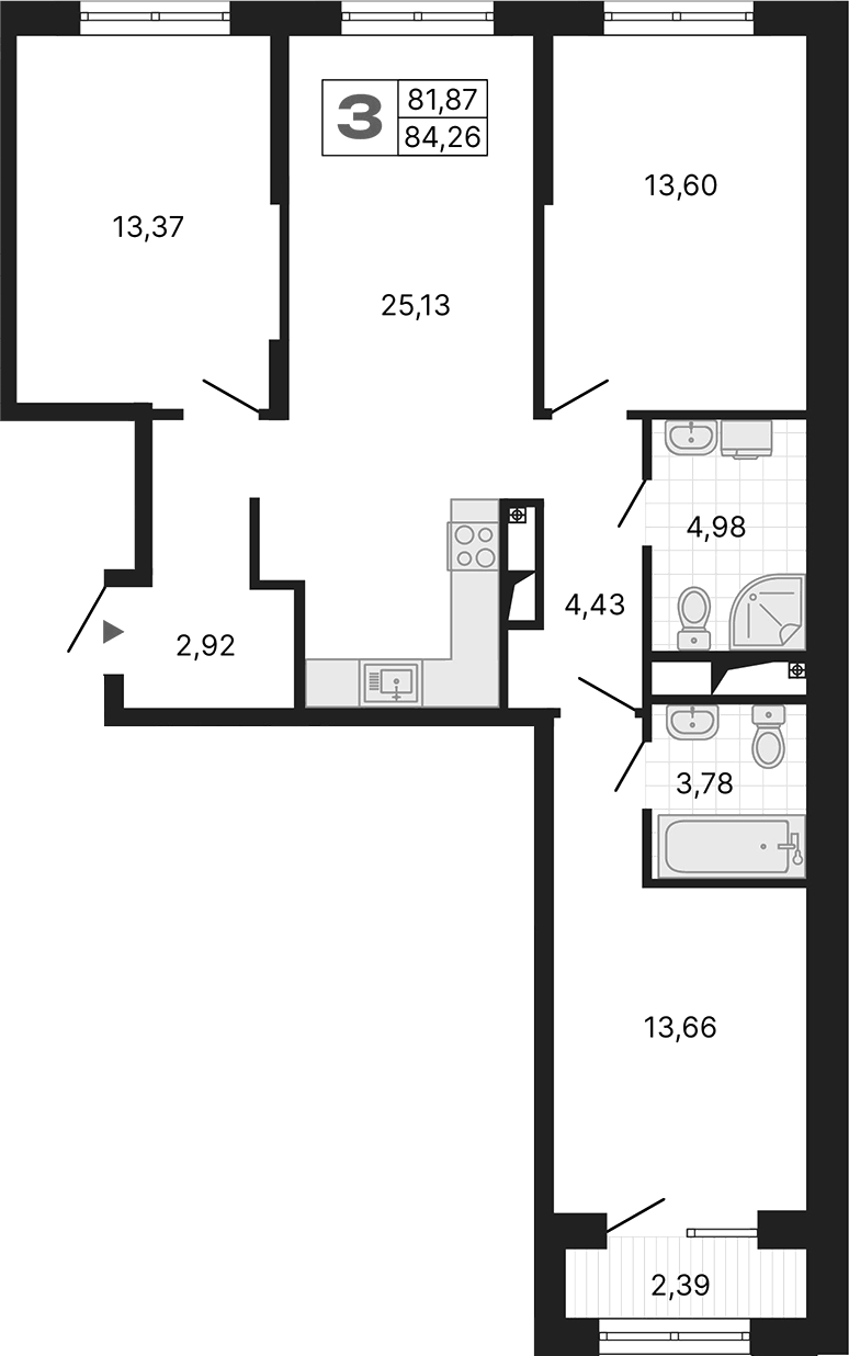Планировка 3-к, 84,26 м² в ЖК Алиса