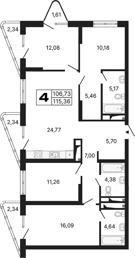 Планировка 4-к, 115,36 м² в ЖК Алиса