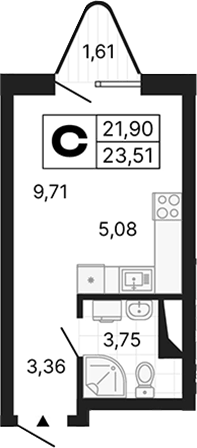 Планировка Студия, 23,51 м² в ЖК Алиса