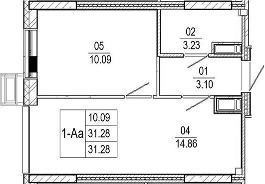 Планировка 2Е-к.кв, 31.28 м² в ЖК Амундсен