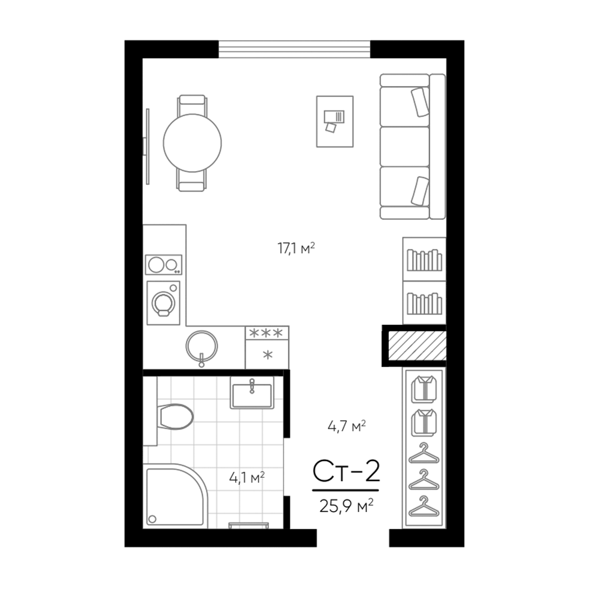 Планировка Студия, 25.9 м² в ЖК Амундсен