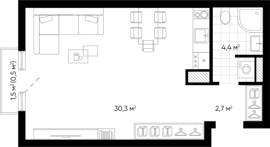 Планировка Студия, 37.9 м² в ЖК Амундсен