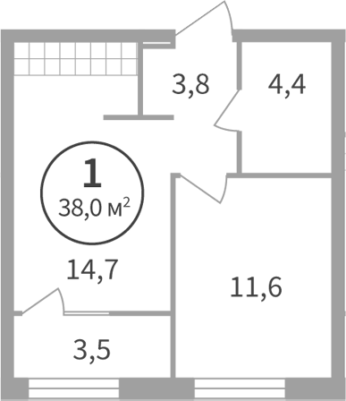 Планировка 1-к.кв, 38 м² в ЖК Астон.Движение