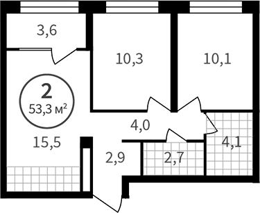 Планировка 2-к.кв, 51,44 м² в ЖК Астон.Сезоны