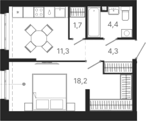 Планировка 1-к.кв, 39,9 м² в ЖК Атлас Ауро