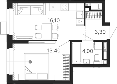 Планировка 2Е-к.кв, 36,8 м² в ЖК Атлас Лайн