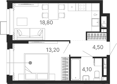 Планировка 2Е-к.кв, 40,6 м² в ЖК Атлас Лайн