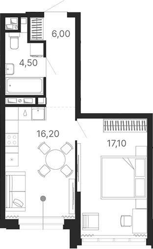 Планировка 2Е-к.кв, 43,8 м² в ЖК Атлас Лайн