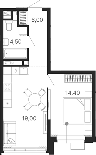 Планировка 2Е-к.кв, 43,9 м² в ЖК Атлас Лайн