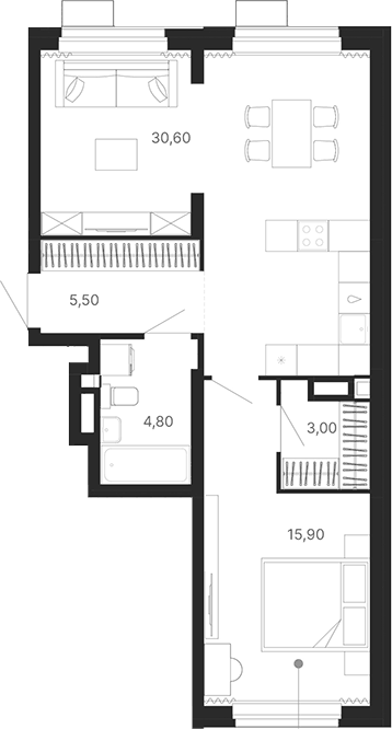 Планировка 2Е-к.кв, 59,8 м² в ЖК Атлас Лайн