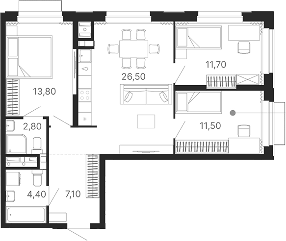 Планировка 4Е-к, 77,8 м² в ЖК Атлас Лайн