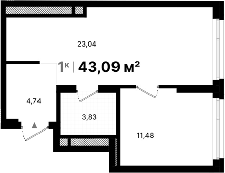 Планировка 1-к.кв, 43.09 м² в ЖК Атлас Люксо