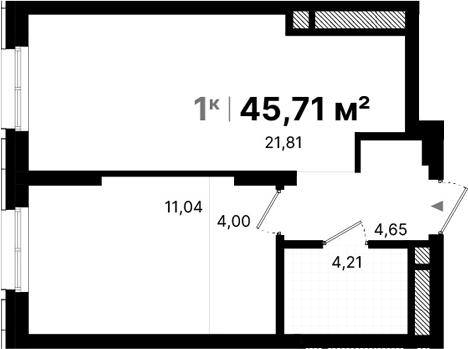 Планировка 1-к.кв, 45.71 м² в ЖК Атлас Люксо