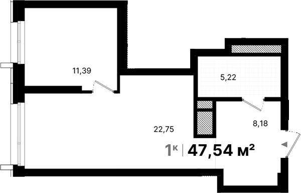 Планировка 1-к.кв, 47.54 м² в ЖК Атлас Люксо