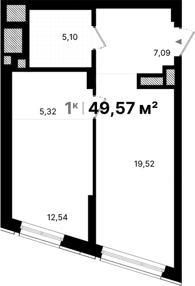 Планировка 1-к.кв, 49.57 м² в ЖК Атлас Люксо