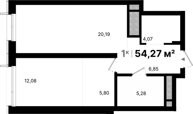 Планировка 1-к.кв, 54.27 м² в ЖК Атлас Люксо