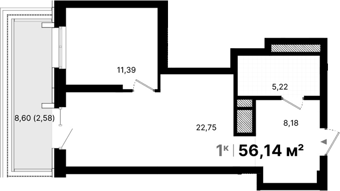 Планировка 1-к.кв, 56.14 м² в ЖК Атлас Люксо