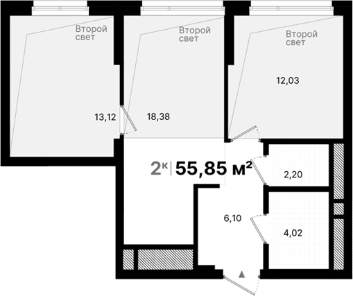 Планировка 2-к.кв, 55.85 м² в ЖК Атлас Люксо