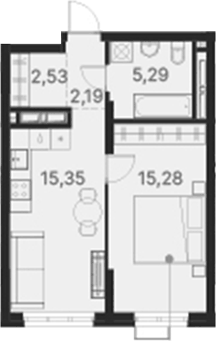 Планировка 1-к.кв, 40,64 м² в ЖК Атлас Ривер