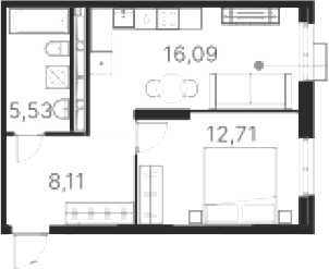Планировка 1-к.кв, 42,44 м² в ЖК Атлас Ривер