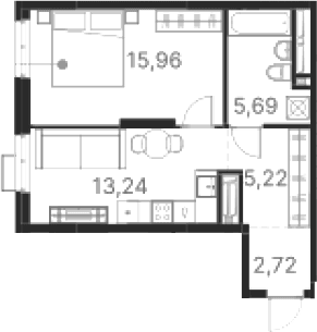 Планировка 1-к.кв, 42,83 м² в ЖК Атлас Ривер