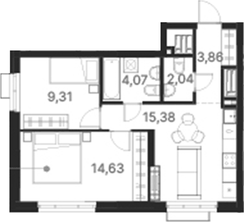 Планировка 2-к, 49,29 м² в ЖК Атлас Ривер