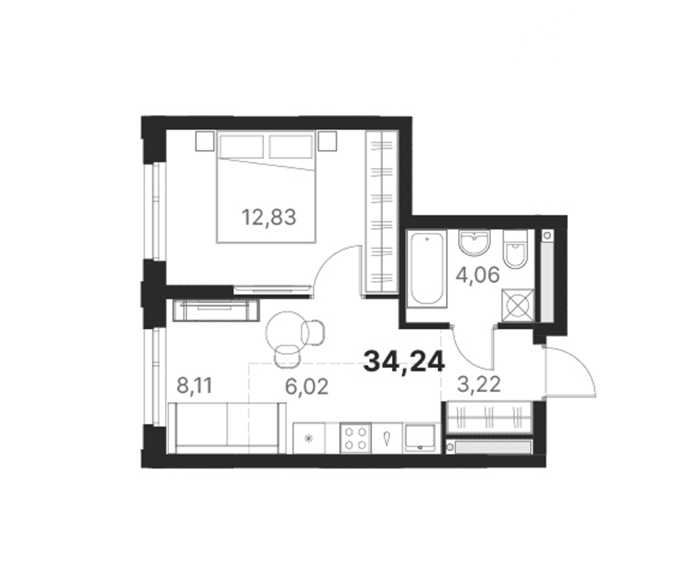 Планировка 1-к, 34,24 м² в ЖК Атлас Юник